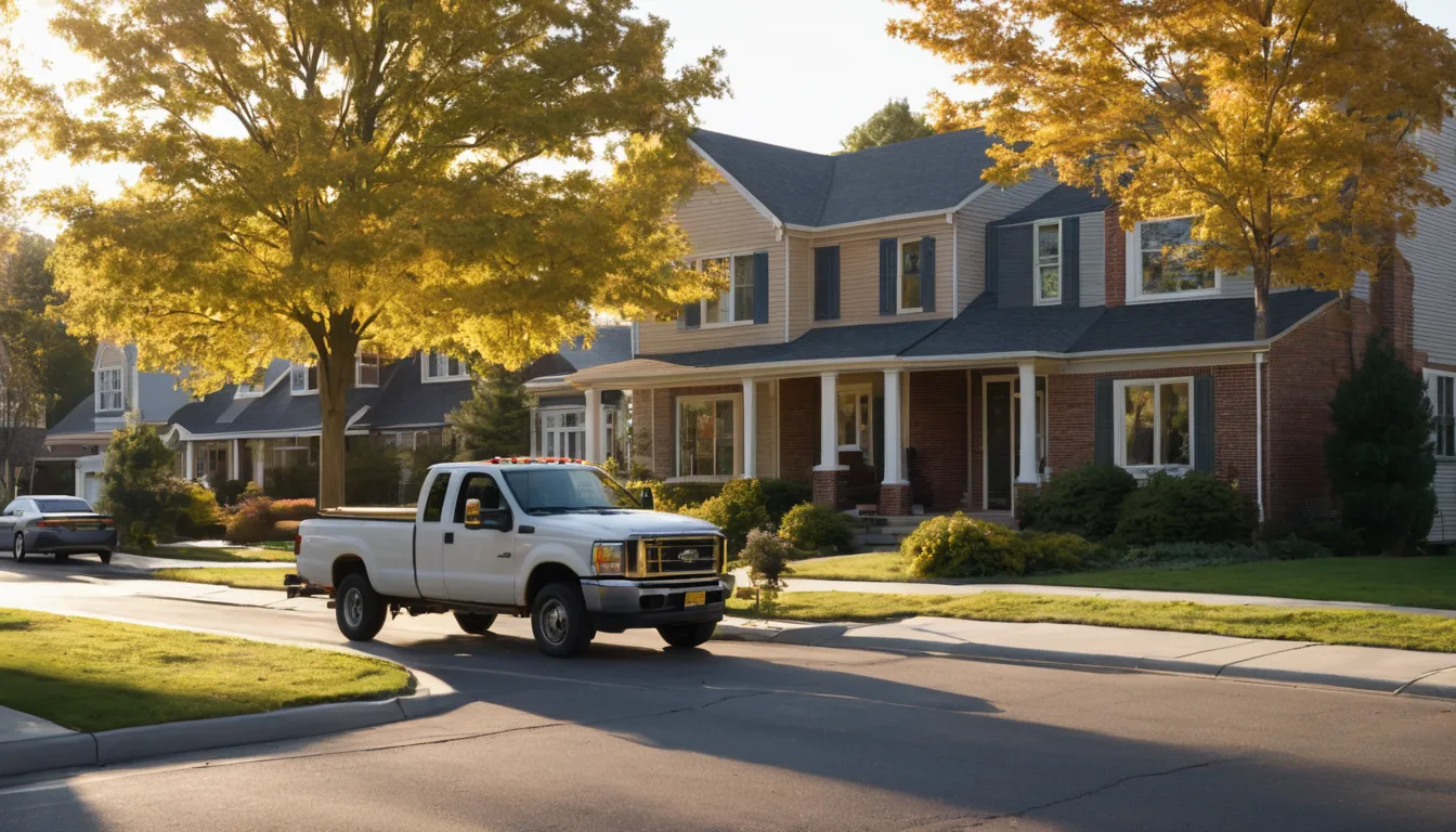 A residential street in the Atlanta area with a septic service truck at work